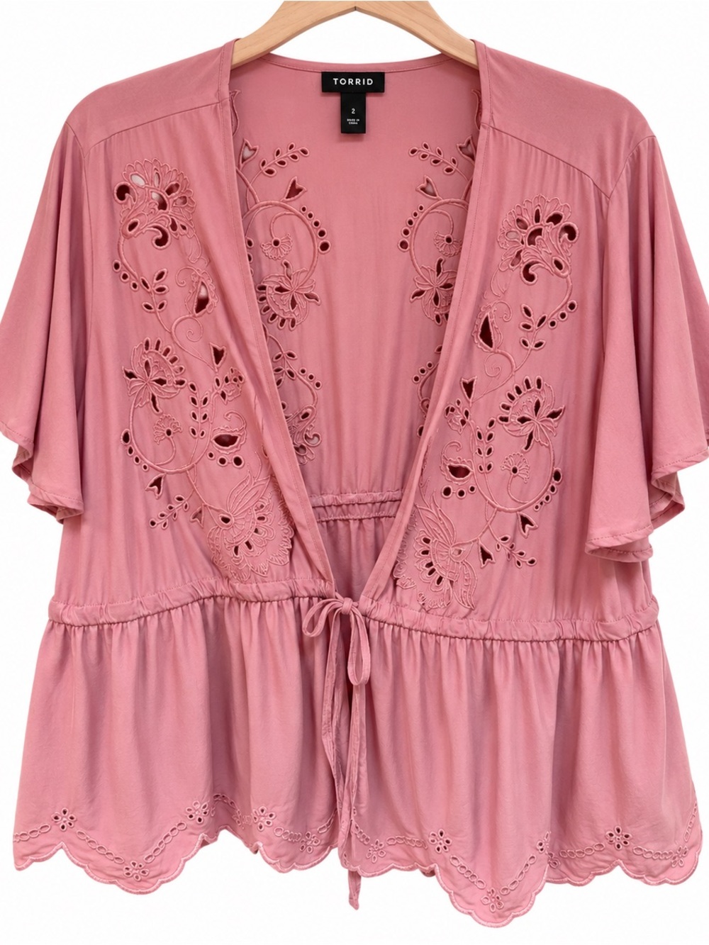 Torrid Size 2 Dusty Rose Embroidered Eyelet Tie Front Boho Kimono Top